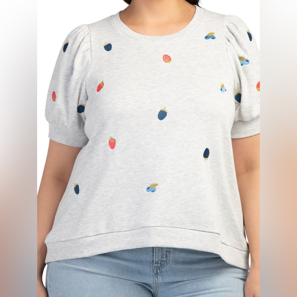 Chelsea & Theodore‎ plus size 3X Light Gray puff sleeve with embroidered fruit